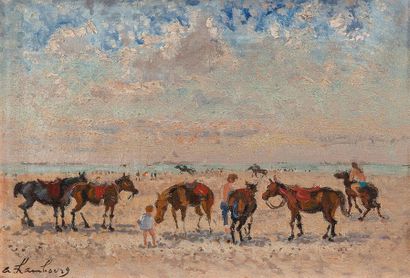 null André HAMBOURG (1909-1999)
"Les petits chevaux sur la plage"
Huile sur toile...