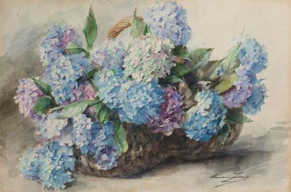 null Madeleine LEMAIRE (1845-1928)
"Bouquet d'hortensias"
Aquarelle signée en bas...