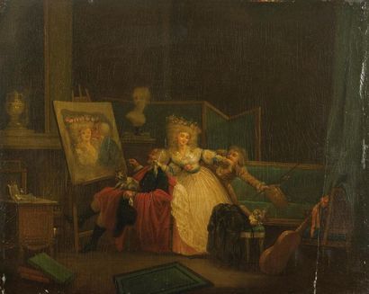 null École française vers 1800
Suiveur de DEBOURT 
"La feinte caresse"
Panneau 
29,2...