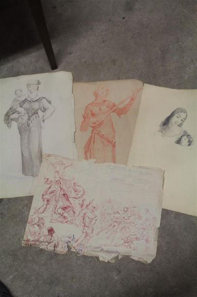 null École fin XIXème siècle
Ensemble de trois dessins au crayon
"La joueuse de viole...