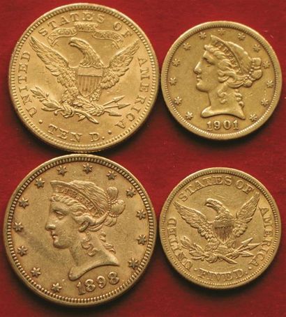 null USA
4 monnaies : 2 x 10$ Liberty 1897 et 1898 et 2 x 5$ Liberty 1861 et 1901S.
TTB+...