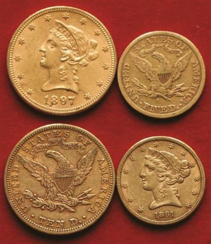 null USA
4 monnaies : 2 x 10$ Liberty 1897 et 1898 et 2 x 5$ Liberty 1861 et 1901S.
TTB+...