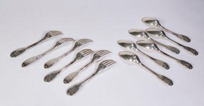null Paris, Ancien Régime, after 1780, six silver cutlery, model with contoured fillets,...