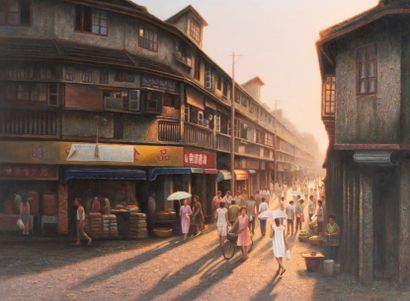 null Zhuang
"Ville chinoise animée"
Acrylique sur toile
Signée en bas à droite 
97...