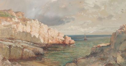 null RAPHAEL PONSON (1835-1904)
Calanque en Méditerranée.
Gouache.
Signée en bas...