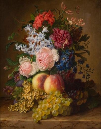 null VIRGINIE DE SARTORIUS (1828-1908)
Nature morte au bouquet et aux fruits.
Huile...