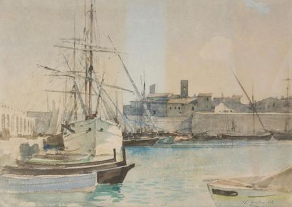 null HENRI ZUBER (1844-1909)
Mediterranean Port, 1882.
Watercolour, signed and dated...