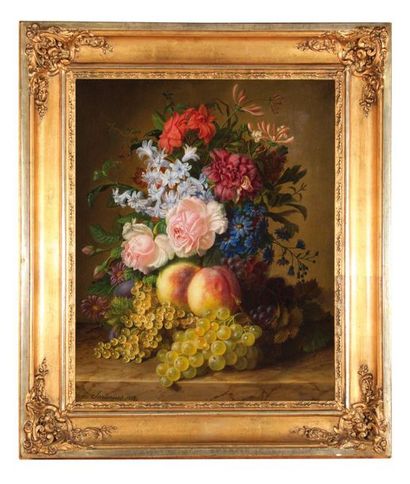 null VIRGINIE DE SARTORIUS (1828-1908)
Nature morte au bouquet et aux fruits.
Huile...