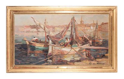 null FERNAND VAN DEN BUSSCHE 
(1892-1975)
Mediterranean port.
Oil on panel signed...