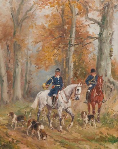 null KARL REILLE (1886-1975)
Hunting scene with a hound.
Oil on cardboard, signed...