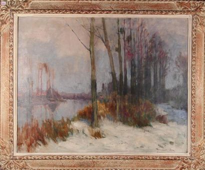 null LÉON BROQUET (1869-1936)
Bord de rivière en hiver
Huile sur toile signée en...