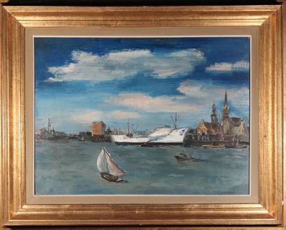 null PAUL DAXHELET (1905-1993)
Paquebot au port
Huile sur toile, signée en bas à...