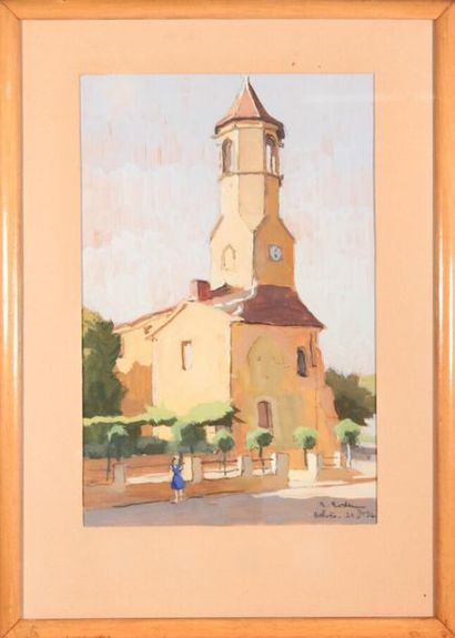null René RODES (1896-1971)
Church of Belves, 1954.
Gouache, signed lower right and...