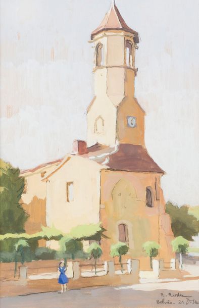 null René RODES (1896-1971)
Church of Belves, 1954.
Gouache, signed lower right and...