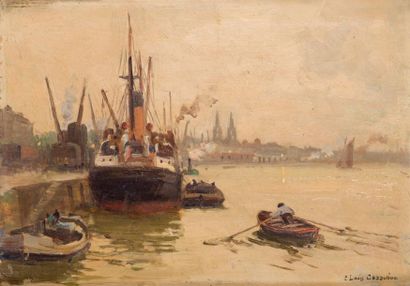 null Pierre-Louis CAZAUBON (1873-1950)
Boat at quay, port of Bordeaux.
Oil on panel,...