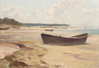 null Raoul DOSQUE (1860-1937)
La plage d'Andernos, le matin.
Huile sur carton toilé...