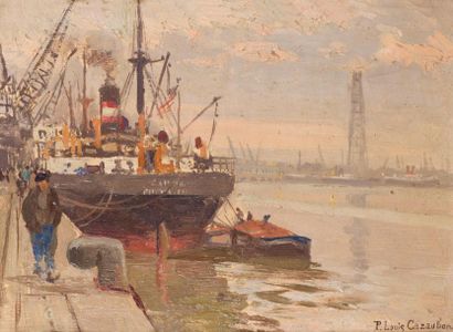 null Pierre-Louis CAZAUBON (1873-1950)
Steam at quay, port of Bordeaux.
Oil on cardboard,...