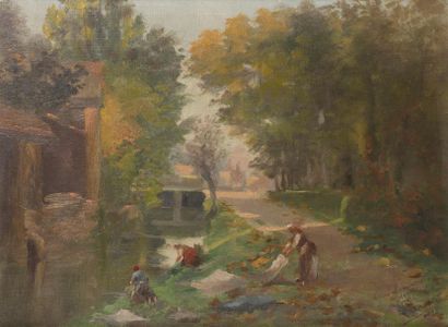 null Maurice LARUE (1861-1935)
Lavandières, 1893.
Oil on canvas, signed, dedicated...