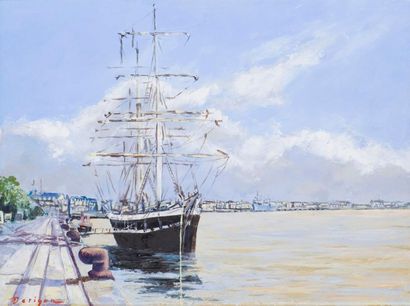 null Thierry DERIGON (Born in 1950)
Le Belem dans le Port de Bordeaux.
Oil on canvas...