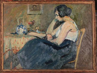 null Joseph LÉPINE (1867-1943)
Young woman reading.
Oil on cardboard signed lower...