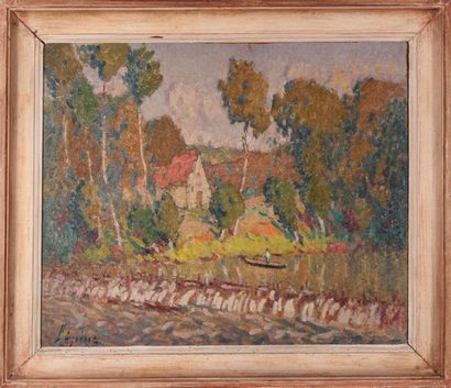 null Joseph LÉPINE (1867-1943)
Barrage sur la rivière.
Huile sur panneau signée en...