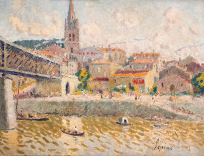 null Joseph LÉPINE (1867-1943)
Le Pont de Branne.
Oil on cardboard signed lower right.
45...