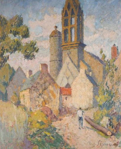 null Joseph LÉPINE (1867-1943)
Esquibien Church, a man on the path.
Oil on cardboard...