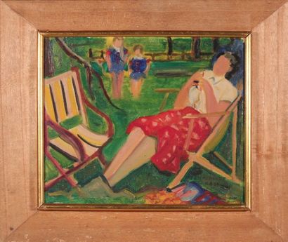 null Maurice PARGADE (1905-1982)
Au jardin.
Oil on cardboard, signed and dated "15-8-50"...