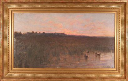null Julien CALVÉ (1851-1924)
Sunset sun on the moor, 1896.
Oil on board signed lower...