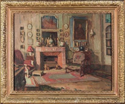 null Paul-Jean HUGUES (1891-1950)
Living room corner with pink fireplace.
Oil on...