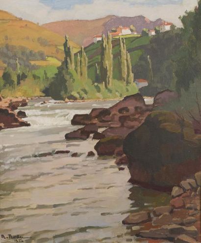 null René RODES (1896-1971)
Paysage fluvial, 1956.
Huile sur panneau, signée en bas...