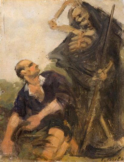 null Eugène FOREL (1858-1938)
Death and the woodcutter.
Sketch 1881.
Oil on cardboard...