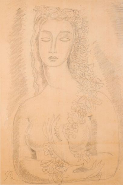 null René BUTHAUD (1886-1986)
Jeune femme à la guirlande.
Dessin au crayon noir et...