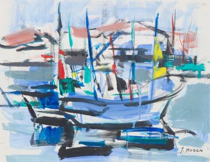 null Jean HUGON (1919-1990)
Bateaux au Cap Ferret.
Mixed media on paper signed lower...