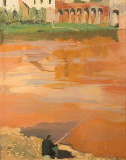 null Pierre-Georges THERON (1918-2000)
Le Pêcheur au bord du Tarn, 1943.
Oil on plywood...