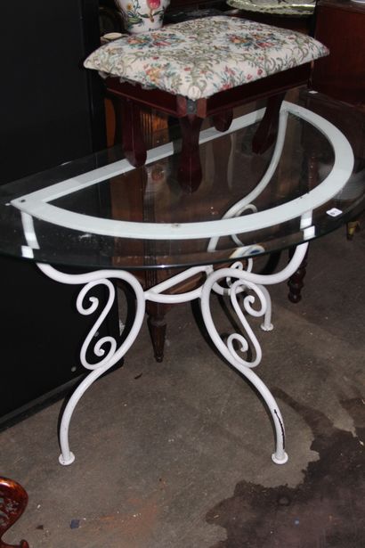 null Modern console, painted metal base with scrolling decoration, bevelled glass...