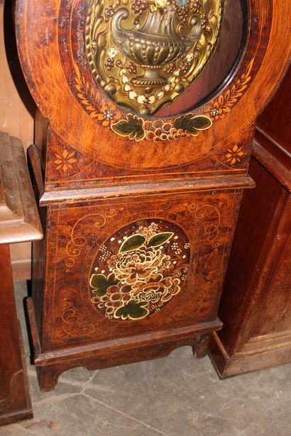 null Painted wooden floor clock decorated with foliage, flowers and ears of wheat.

Mechanism...
