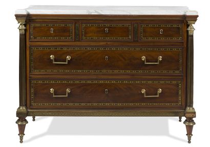MAHOGANY FLAME CHEST OF DRAWERS WITH BRASS...