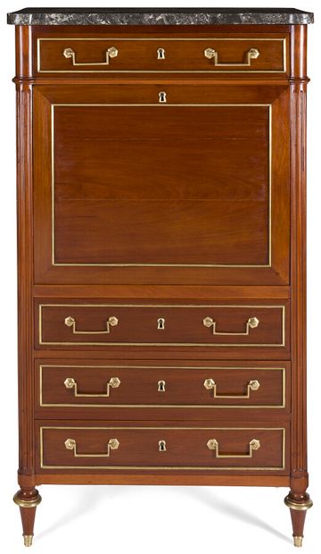 null SECRETARY WITH MAHOGANY FLAP AND BRASS RODS 

four-drawer opening with a flap...