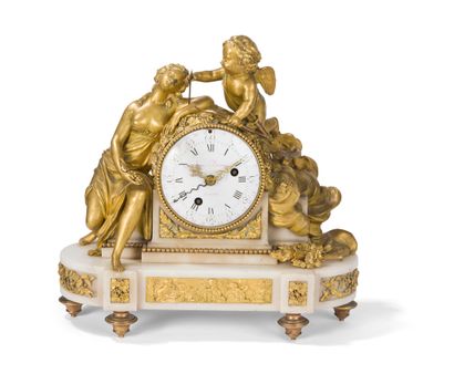 CLOCK WITH BACCHANTE IN GILT BRONZE AND WHITE...