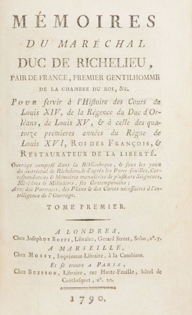 null Mémoires

RICHELIEU (Louis-François-Armand, duc de)

Mémoires du maréchal duc...