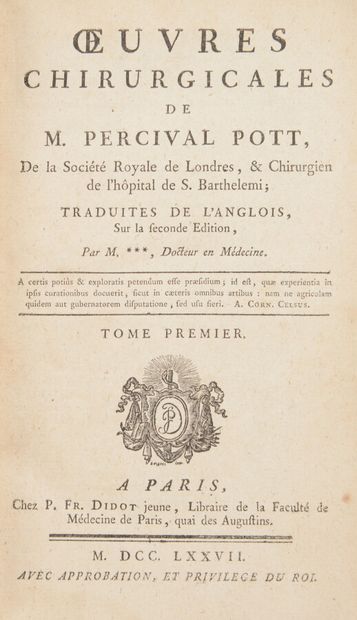 null Surgery

POTT (Percival)

Surgical Works. Paris, Didot jeune, 1777.

2/3 volumes...