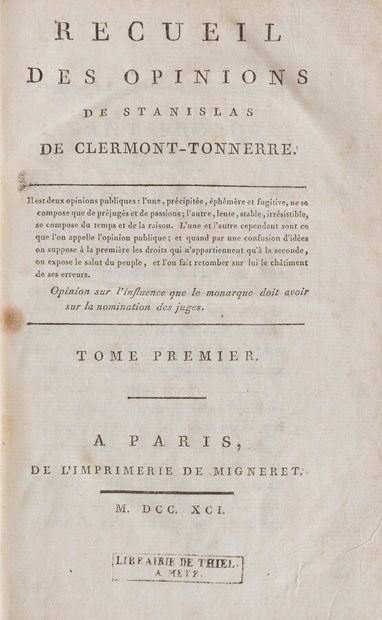 null CLERMONT-TONNERRE (Stanislas-Marie-Adélaïde, comte de)

Recueil des Opinions...