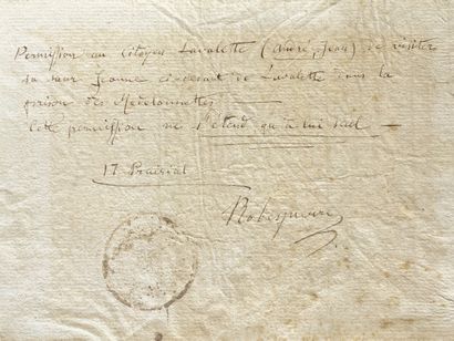 null ROBESPIERRE (Maximilien)

Autograph note giving permission to citizen Lavalette...