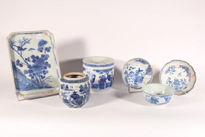 null Porcelain set with blue-white decoration comprising : 

- two saucers, one decorated...