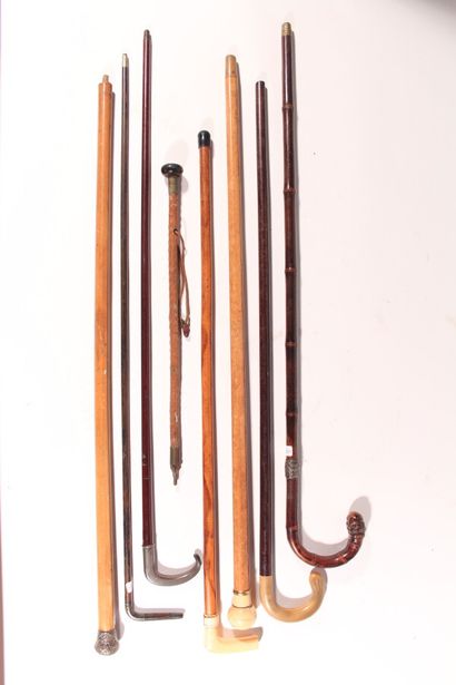 null Set of six walking sticks with a silver pommel, carved horn and silver plated...