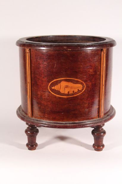 null Cylindrical mahogany veneer planter with inlaid shell decoration

nineteenth...