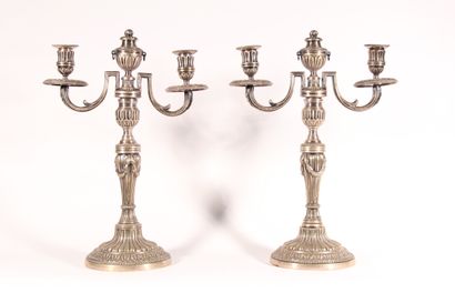 null Pair of silver plated metal two-burner candleholders with channel decoration...