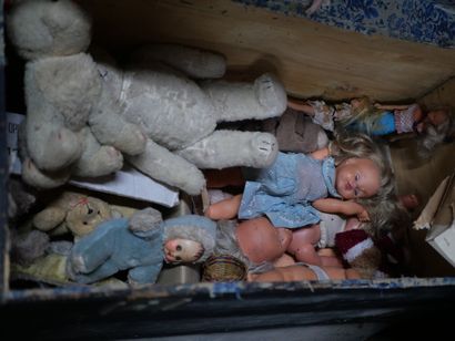 null Set of celluloid dolls and a cardboard box with teddy bears made of old one...