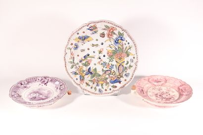 null Two earthenware porridge plates, one decorated in pink monochrome of boat flowers...